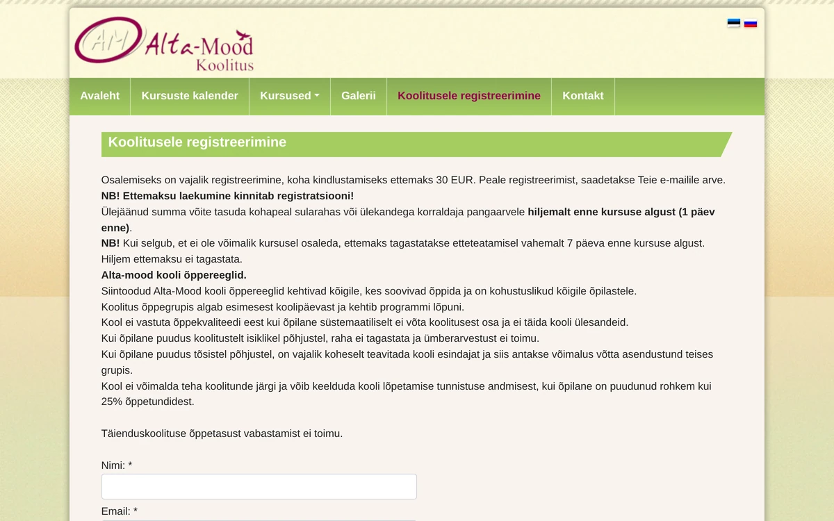 Registreerimisvorm koos õppekorralduse alustega