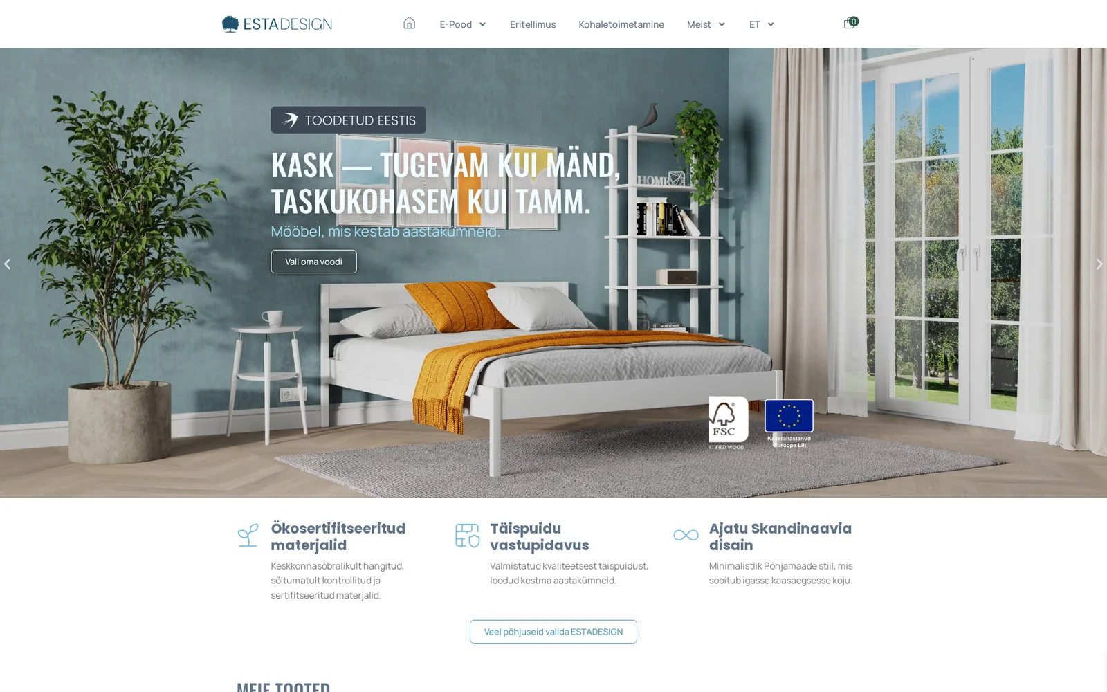 Estadesign.ee — täispuidust mööbli e-pood, avalehe disain