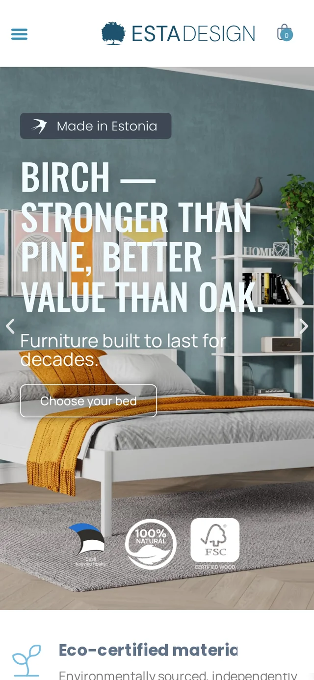 Estadesign.ee mobile view in English — solid wood bed hero