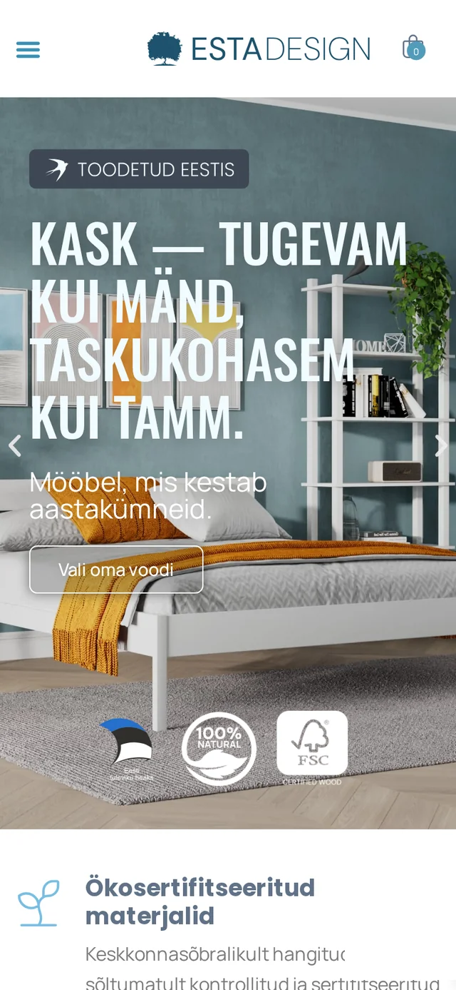 Estadesign.ee mobiilivaade eesti keeles — täispuidust voodi ja «Toodetud Eestis» märgis