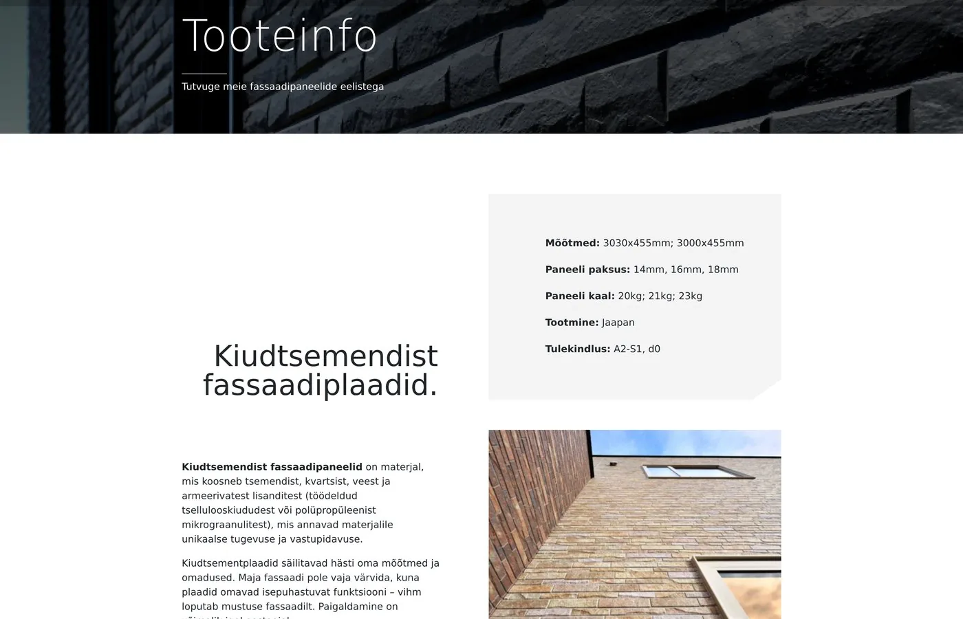 Tooteinfo — mõõdud, kaal, tulekindlus, fotokatalüütiline kate