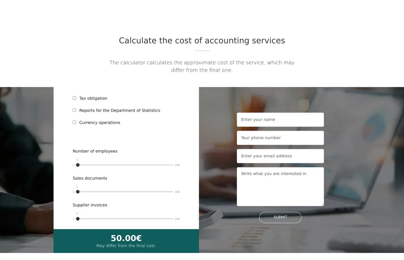 The price calculator: checkboxes, sliders and a live total