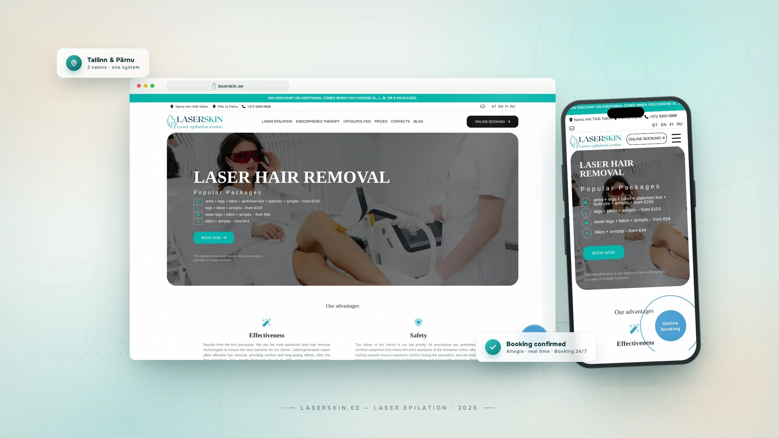 laserskin.ee — laser epilation centre website on desktop and mobile, light premium presentation