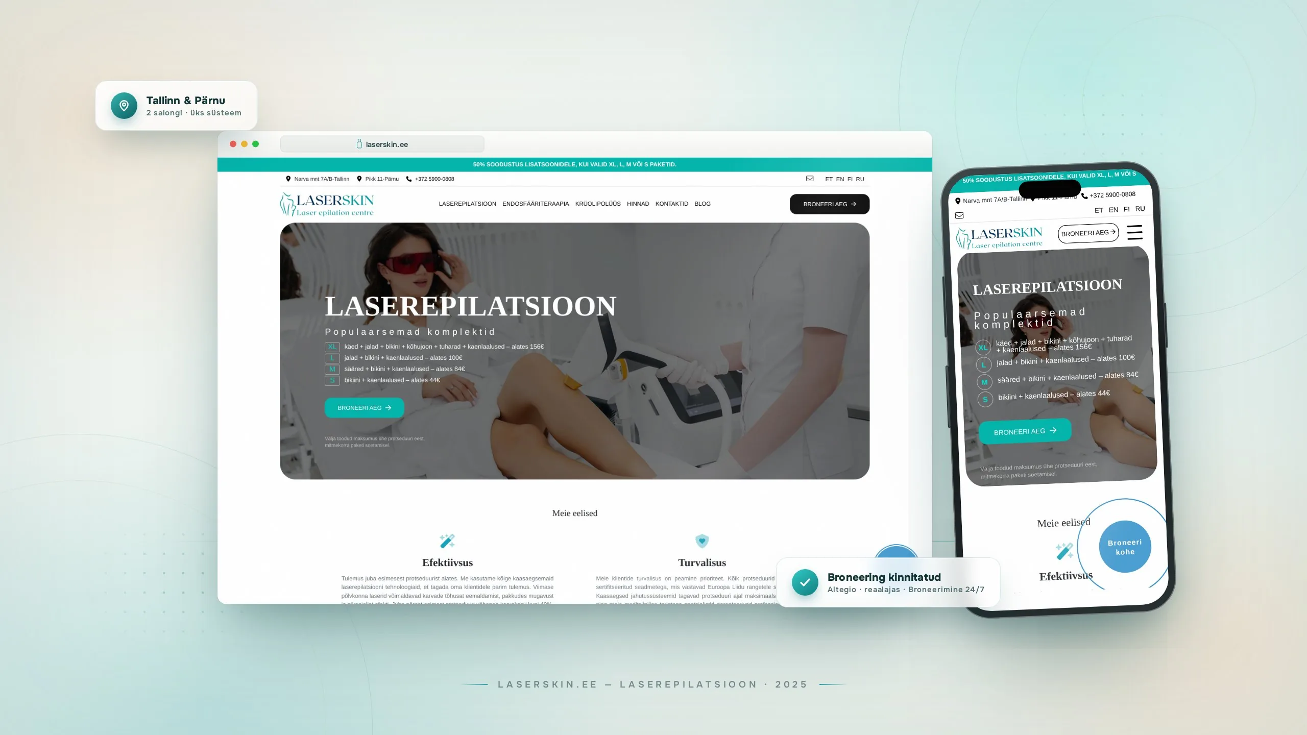 laserskin.ee — laserepilatsiooni keskuse koduleht desktopis ja mobiilis, hele premium-esitlus