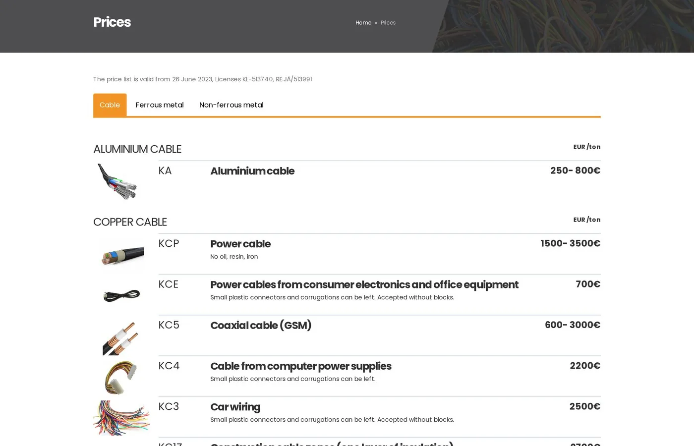 The price list — three tabs, position codes and per-tonne prices