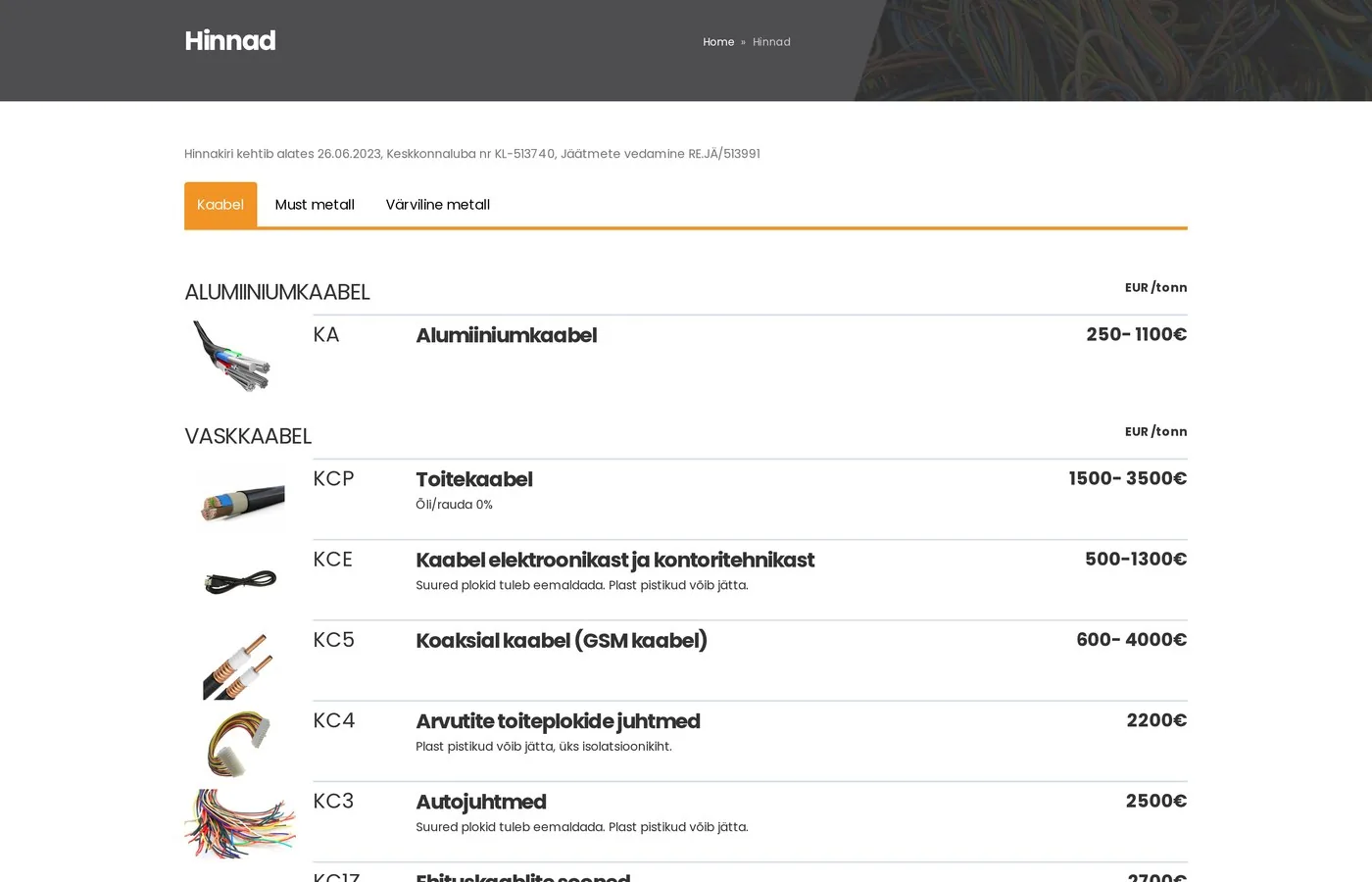 Hinnakiri — kolm vahekaarti, positsioonide koodid ja tonnihinnad