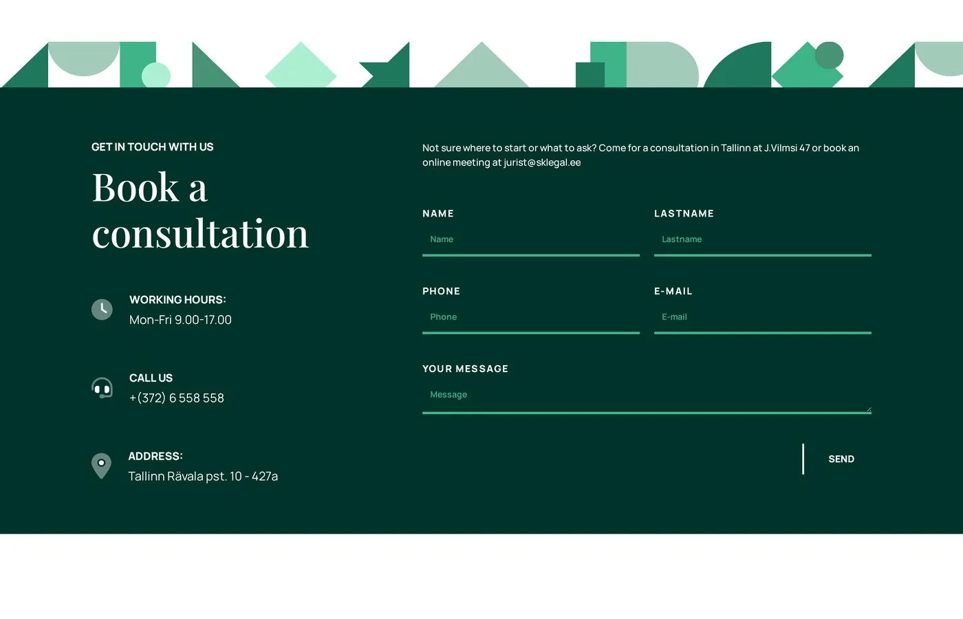 Consultation booking — form, phone and address in one block