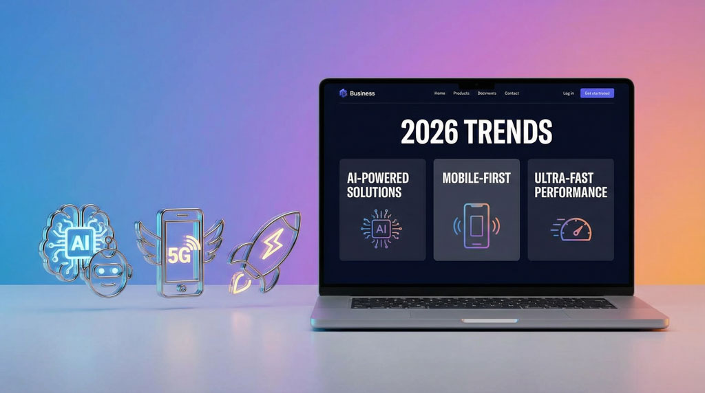 Kaasaegne koduleht ettevõttele kuvatud sülearvutil ja nutitelefonil 2026. aasta kontoris